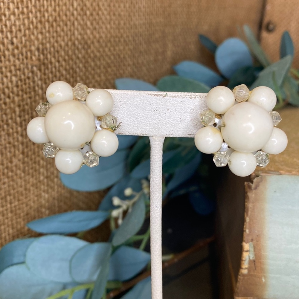 Vintage White Beaded Flower Clip Earrings - Marked Germany
